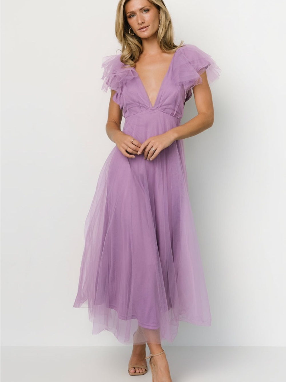 Lavender Tulle V-Neck Midi Dress